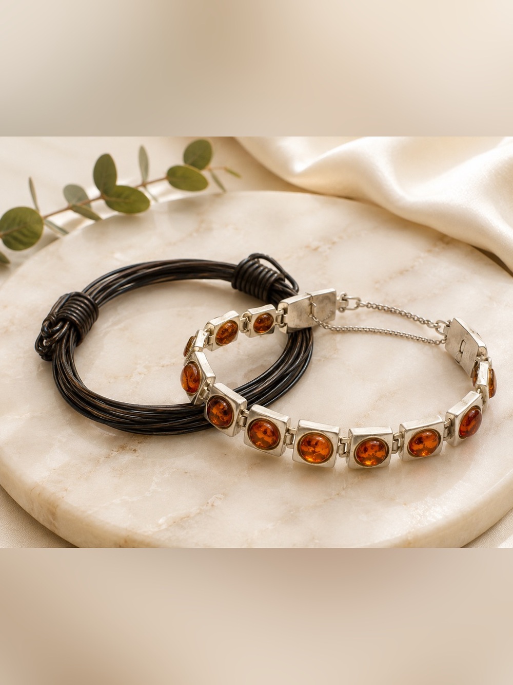 Silver + Amber Stone Link Bracelet & Dark Brown Multi Strand Bracelet Set of 2